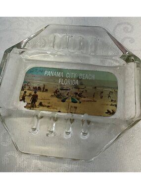 Panama City Beach Florida Souvenir Glass Ashtray 5 Inch Hexagonal